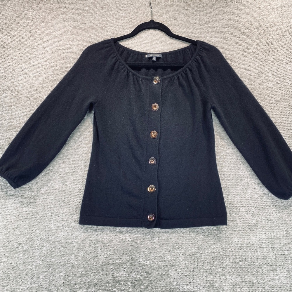 Anne Klein Black 100% Cashmere‎ Button Front Cardigan Sweater Womens Small 762